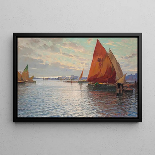Beppe Ciardi - Fishing vessels moored off an Italian town at dusk.webp