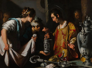 Saint Laurent jakamassa kirkon rikkauksia - Bernardo Strozzi — näkymä teoksesta