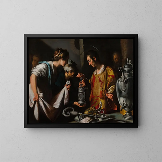 Saint Laurent jakamassa kirkon rikkauksia - Bernardo Strozzi — kehystetty taideteos seinällä