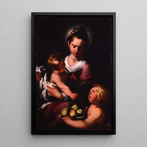 Bernardo Strozzi - Äidin ja lapsen Maalaus pienellä Pyhän Johanneksella — kehystetty taideteos seinällä
