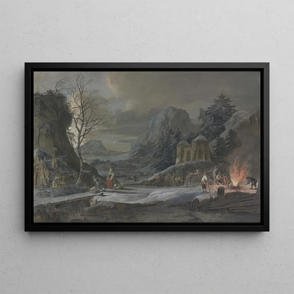 Bernhard Hendrik Thier - Winterlandschaft im Mondschein rechts unterhalten Bauern ein groes Feuer.webp
