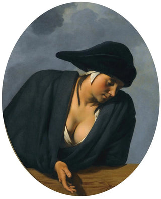Caesar Van Everdingen - A  Peasant Woman Wearing A Black Hat Leaning On A Wooden Ledge.webp