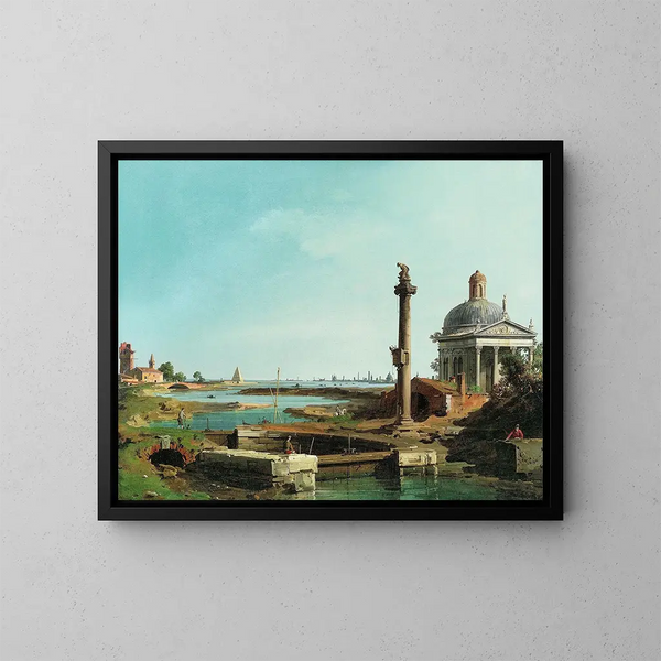 Lukko, pylväs ja kirkko laguunin rannalla - Canaletto — kehystetty taideteos seinällä