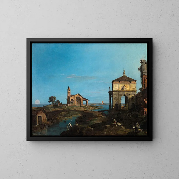 Une île dans la lagune avec une porte et une église - Canaletto — kehystetty taideteos seinällä