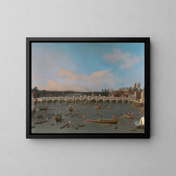 Westminsterin sillasta kaupunginjohtajien kulkueen kanssa Thames-joella - Canaletto — kehystetty taideteos seinällä