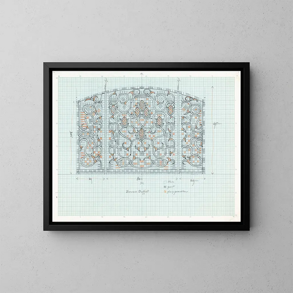 Conception pour panneau de verre décoratif avec ornement floral - Carel Adolph Lion Cachet — kehystetty taideteos seinällä