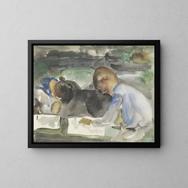 Kaksi lasta piirtämässä - Carel Adolph Lion Cachet — kehystetty taideteos seinällä