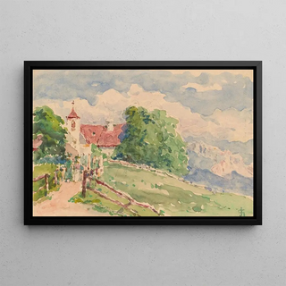 Carel Nicolaas Storm van sGravesande - Oberbozen een smalle weg leidt naar een kerkje op een berghelling.webp