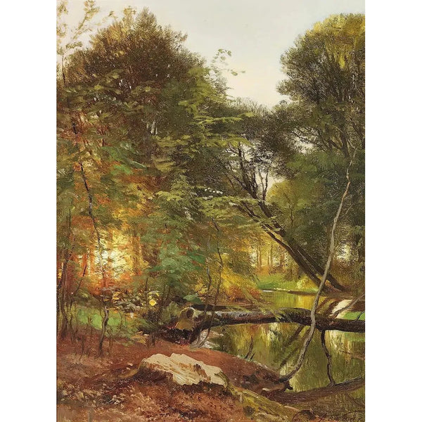 Ruisseau metsässä auringonlaskun aikaan - Carl Frederik Aagaard — kehystetty taideteos seinällä