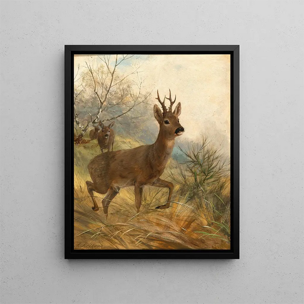 Kauri ja naaraspeura - Carl Friedrich Deiker — kehystetty taideteos seinällä