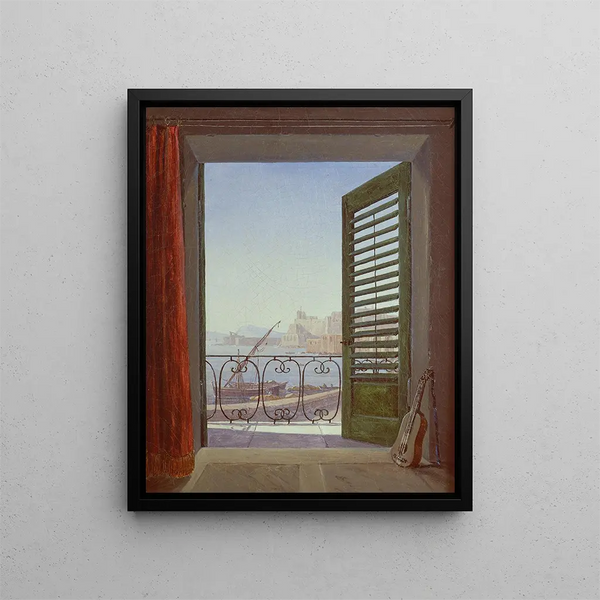Huoneen kanssa parvekkeella ja näkymä Napolinlahdelle Santa Lucia ja Castel dell'Ovo - Carl Gustav Carus — kehystetty taideteos seinällä