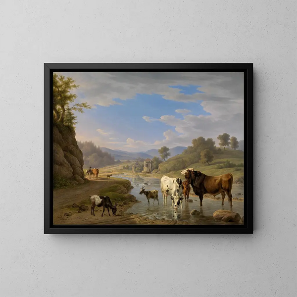Vue de Geroldsau près de Baden-Baden avec des animaux - Carl Kuntz — kehystetty taideteos seinällä