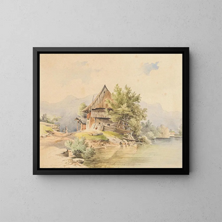Cabane en bois au bord du lac - Carl Lafitte — kehystetty taideteos seinällä
