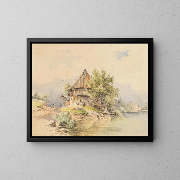 Cabane en bois au bord du lac - Carl Lafitte — kehystetty taideteos seinällä