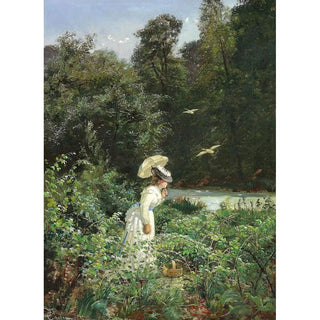 Carl SchlichtingCarlsen - Ung dame i hvid kjole plukker hindbr i Ordrup Krat.webp