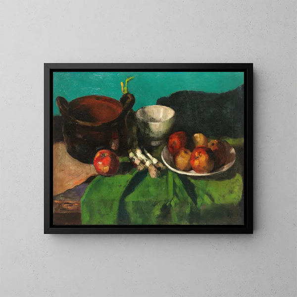 Luontokuvan still life omenoista ja kevätsipuleista - Carl Schuch — kehystetty taideteos seinällä
