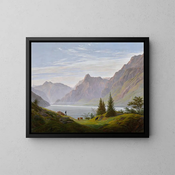 maisemasta vuoristomajalla aamulla - Caspar David Friedrich — kehystetty taideteos seinällä