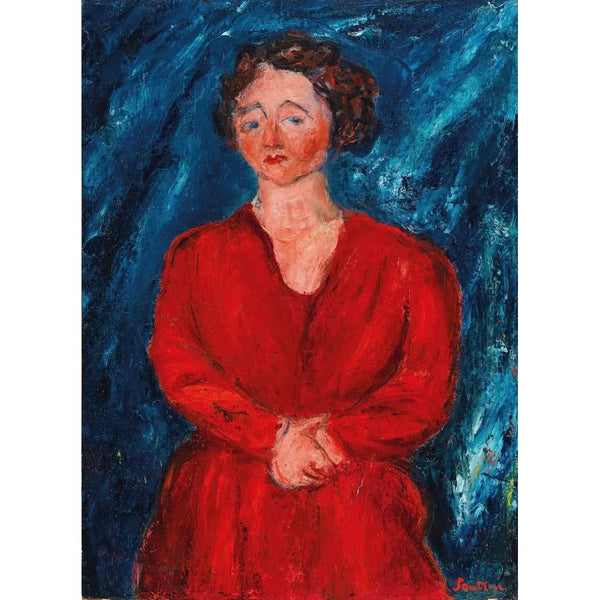 Nainen punaisessa taustalla sinisellä - Chaïm Soutine — kehystetty taideteos seinällä