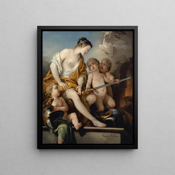 Venus ja Kupidit Marsin käsivarsilla - Charles André van Loo — kehystetty taideteos seinällä