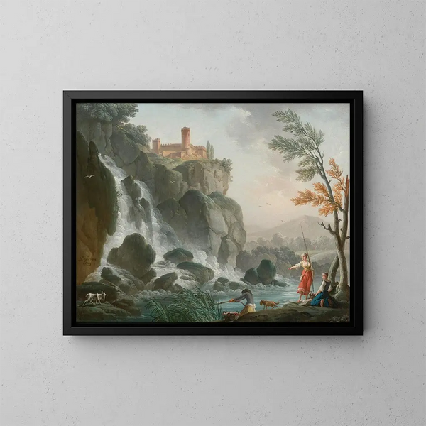 Kalastus joen rannalla vesiputouksen alla linnan vieressä - Charles-François Grenier de Lacroix — kehystetty taideteos seinällä