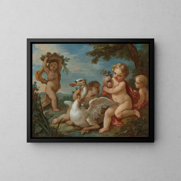 Putti ornant un cygne d'une guirlande de fleurs - Charles-Joseph Natoire — kehystetty taideteos seinällä