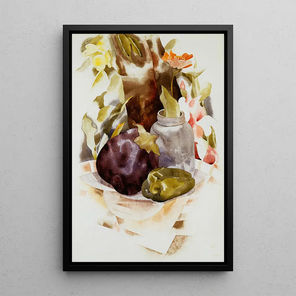 Aubergine ja vihreä paprika - Charles Demuth — kehystetty taideteos seinällä