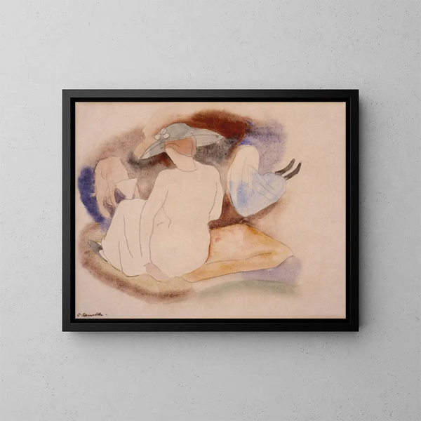 Nainen hatun ja kahden figuurin kanssa - Charles Demuth — kehystetty taideteos seinällä