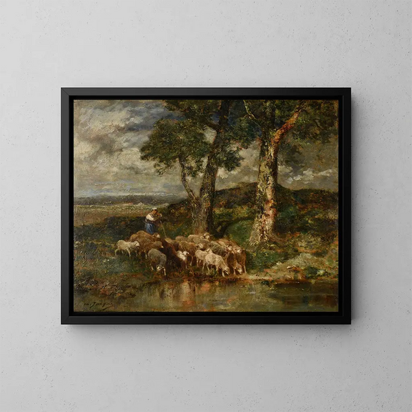 Moutons au labreuvoir - Charles Émile Jacque — kehystetty taideteos seinällä