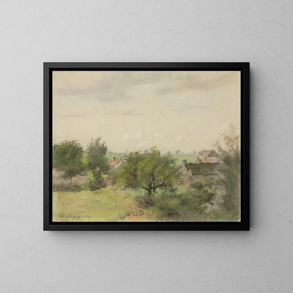Maisemaa taloilla puiden välissä - Charles François Daubigny — kehystetty taideteos seinällä