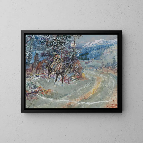 Yllättävä pysähdys - Charles Marion Russell — kehystetty taideteos seinällä