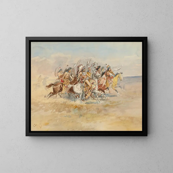 Blackfeet-sodan ryhmä - Charles Marion Russell — kehystetty taideteos seinällä