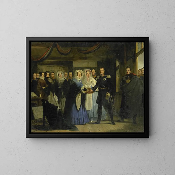 La princesse d'Orange recevant Alexandre II, grand-duc et héritier du trône de Russie, dans la maison du tsar Pierre à Zaandam - Christiaan Julius Lodewijk Portman — kehystetty taideteos seinällä