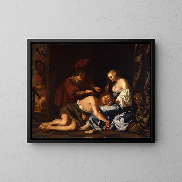 Pendant que Samson dort sur les genoux de Dalila, un Philistin lui coupe les cheveux. - Christiaen van Couwenbergh — kehystetty taideteos seinällä