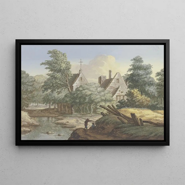Christian Georg Schtz the Younger - Drfchen zwischen Bumen an einem Bach im Vordergrund zwei Figuren.webp