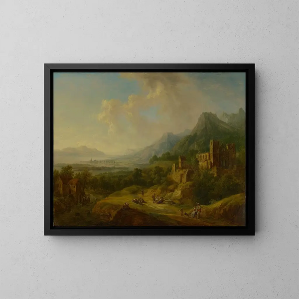 Vallée fluviale avec ruines d'église et figures de personnages - Christian Georg Schütz l'Ancien — kehystetty taideteos seinällä