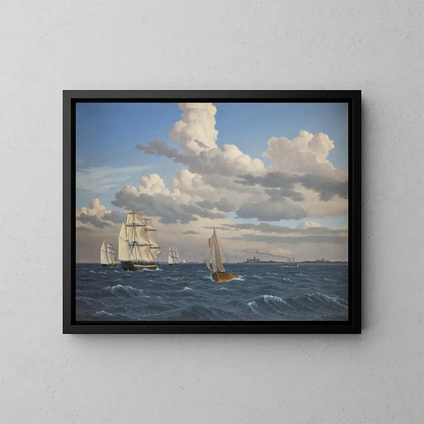 Bateaux dans le Sound au nord du château de Kronborg à Elsinore - Christoffer Wilhelm Eckersberg — kehystetty taideteos seinällä