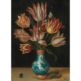 Circle of Ambrosius Bosschaert I - A still life with parrot tulips in a WanLi vase a fly and a lizard.webp