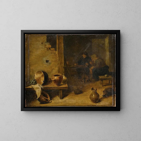 Taverna sisämaalaus, jossa viljelijät syövät taustalla - David Teniers nuoremman ympyrä — kehystetty taideteos seinällä