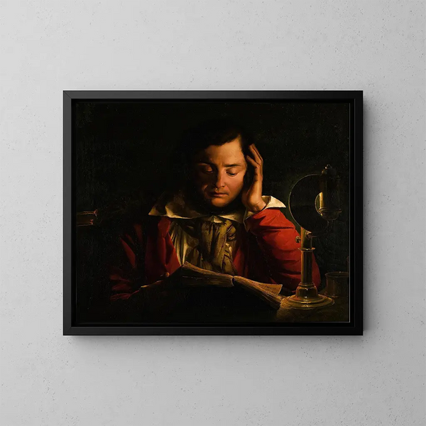 Portrait d'un érudit dans son étude - Cercle de Joseph Wright of Derby — kehystetty taideteos seinällä