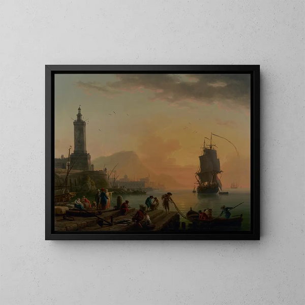 Rauhallinen satama Välimerellä - Claude-Joseph Vernet — kehystetty taideteos seinällä