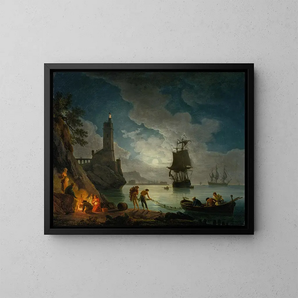Yönvalossa satama - Claude-Joseph Vernet — kehystetty taideteos seinällä