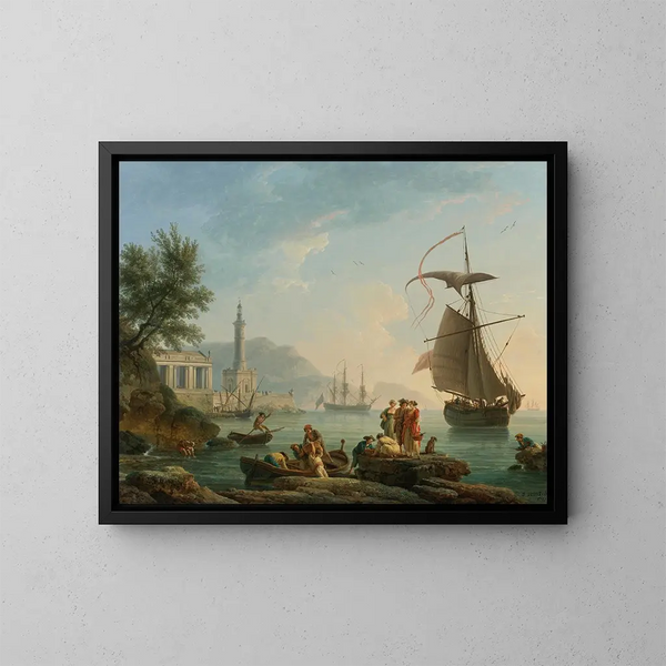 Merellinen auringonlaskumaalaus kalastajien kanssa veden äärellä, majakka ja sota-alus ankkurissa lahdella - Claude-Joseph Vernet — kehystetty taideteos seinällä