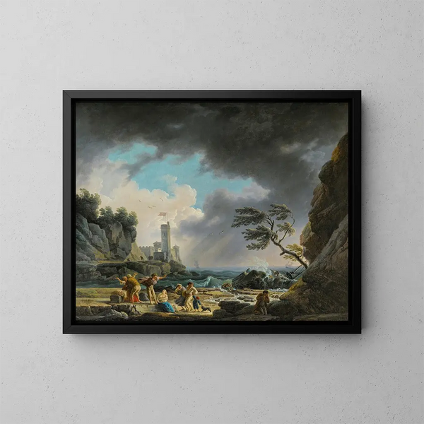 Yksi myrsky rannikon lähellä kalliota - Claude-Joseph Vernet — kehystetty taideteos seinällä