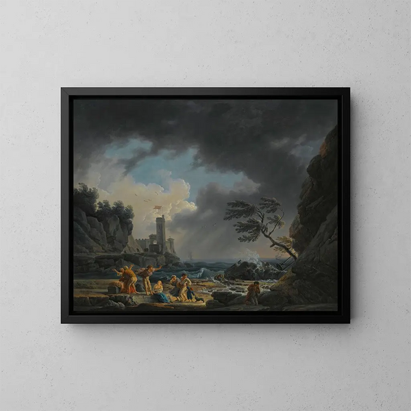 Myrskyinen rannikkokohtaus figuureilla rannalla, jotka ovat selvinneet hukkumisesta - Claude-Joseph Vernet — kehystetty taideteos seinällä