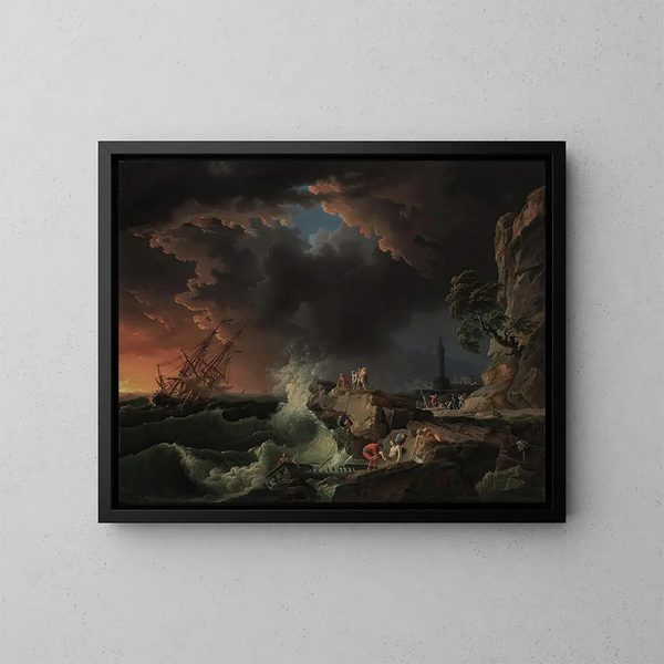 Laivahukku ja rannalle laskeutuvia hahmoja - Claude-Joseph Vernet — kehystetty taideteos seinällä