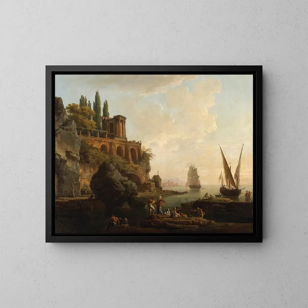 Kuviteltu maisema, italialaisen sataman kohtaus - Claude-Joseph Vernet — kehystetty taideteos seinällä