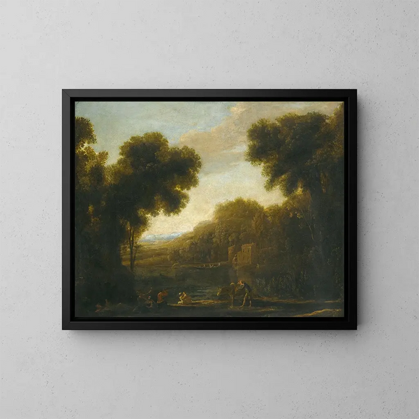 Joki maisemalla matkailijoiden kanssa rannalla - Claude Lorrain — kehystetty taideteos seinällä