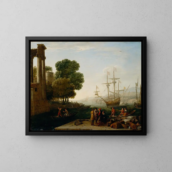 Merisatama auringonlaskussa - Claude Lorrain — kehystetty taideteos seinällä