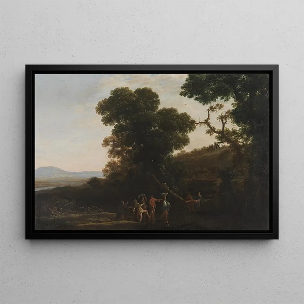 Maisemamaalaus hahmoilla, jotka ylittävät puroa - Claude Lorrain — kehystetty taideteos seinällä