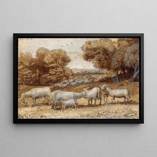 Maisemamaalaus lampaiden kanssa - Claude Lorrain — kehystetty taideteos seinällä